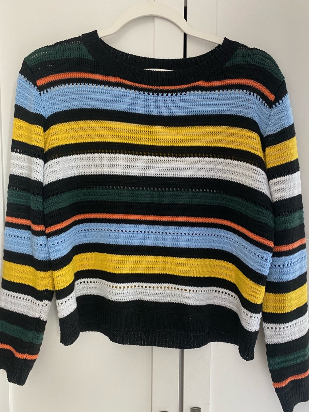 Woven Heart Striped Crewneck Sweater in Black, Yellow & Blue